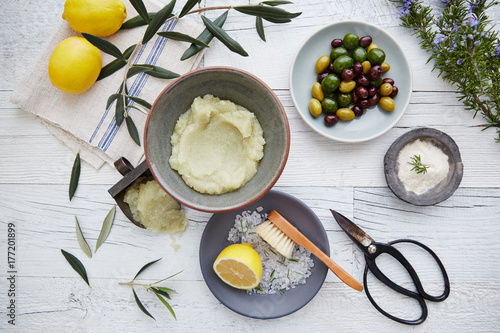 Lemon and olive oil body salt exfoliation scrub at spa