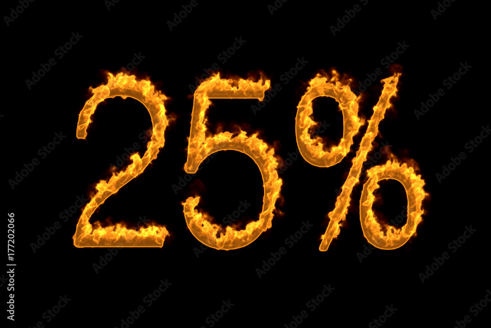 Fire 25% isolated on black background, 3d illustration Fire 25% isolated on black background, 3d illustration