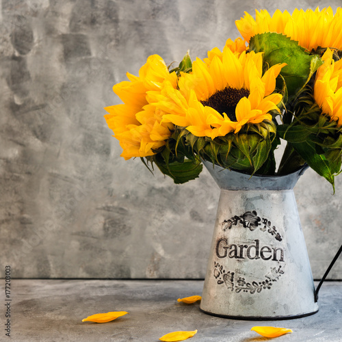 Fototapeta Naklejka Na Ścianę i Meble -  Yellow Sunflower Bouquet in Garden Jar