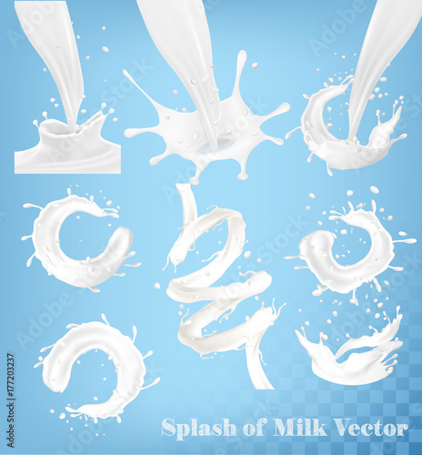 Splash of milk and on transparent background. Vector set