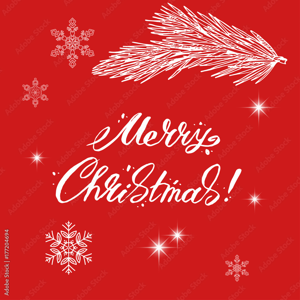 Merry Christmas lettering with spruce branch surrounded by snowflakes . Vector illustration.