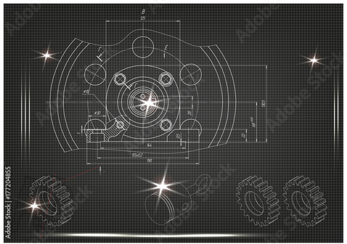 Machine-building drawings on a black background