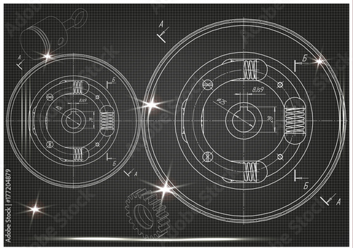 Machine-building drawings on a black background