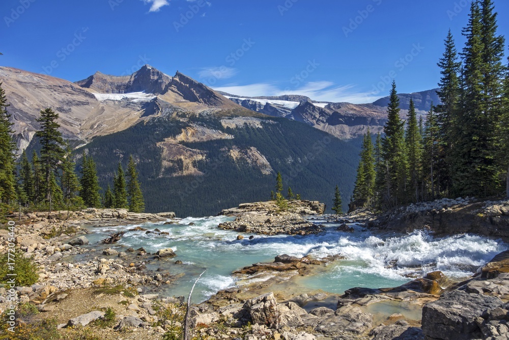 Obraz premium Rocky Mountain Landscape on Great Summer Hiking Trail crossing top of Twin Falls in Yoho National Park British Columbia Canada