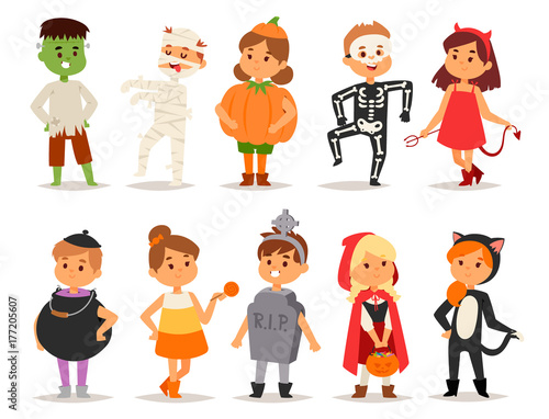 Cute kids wearing Halloween party costumes vector.