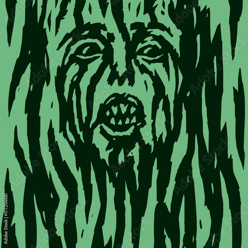 A monster with a woman's face growing out of a tree. Vector illustration.