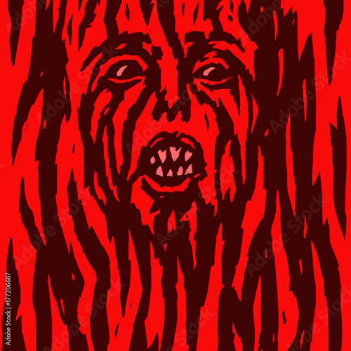 Furious red demon woman is bleeding. Vector illustration.