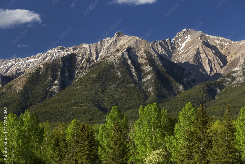 Panoramic Landscape View of Rugged Mountain Tops above Canmore Alberta near Banff National Park in Canadian Rockies