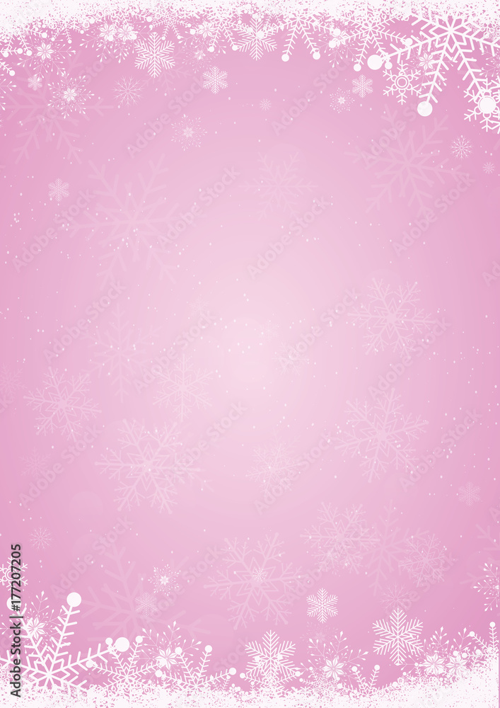 Winter pink christmas background with the snow and snowflake border Winter pink christmas background with the snow and snowflake border