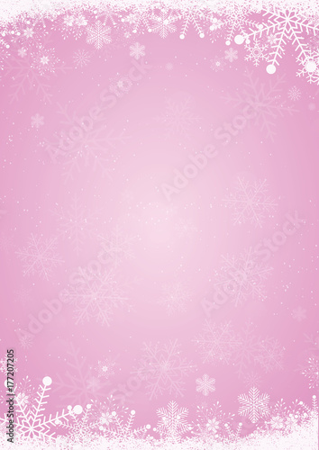 Winter pink christmas background with the snow and snowflake border