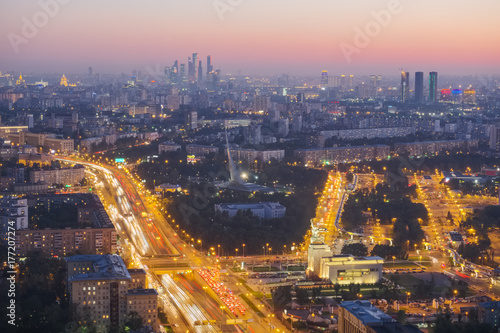 City evening landscape of Moscow. Prospect Mira  VDNH  Ostankino