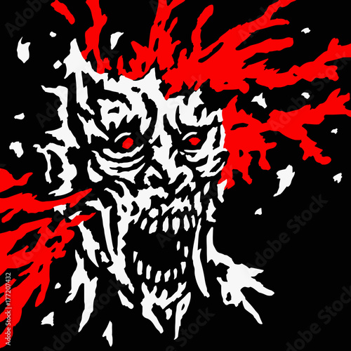 Exploded zombie head with splashes of blood and skull splinters. Vector illustration.