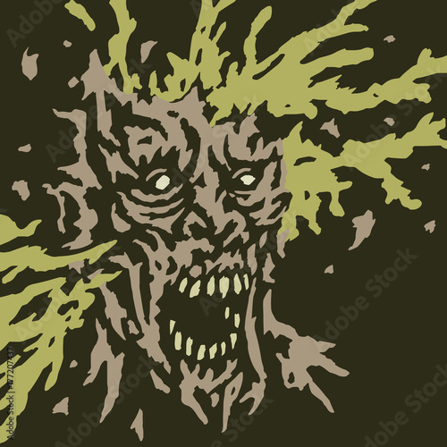 Zombie head shot with flying brains and fragments of the skull. Vector illustration.