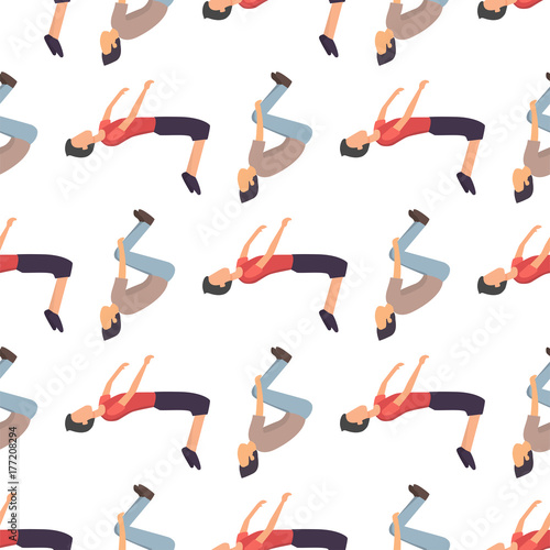 Fitness sport parkour people seamless pattern background person jumping extreme running danger gymnastics exercising vector illustration