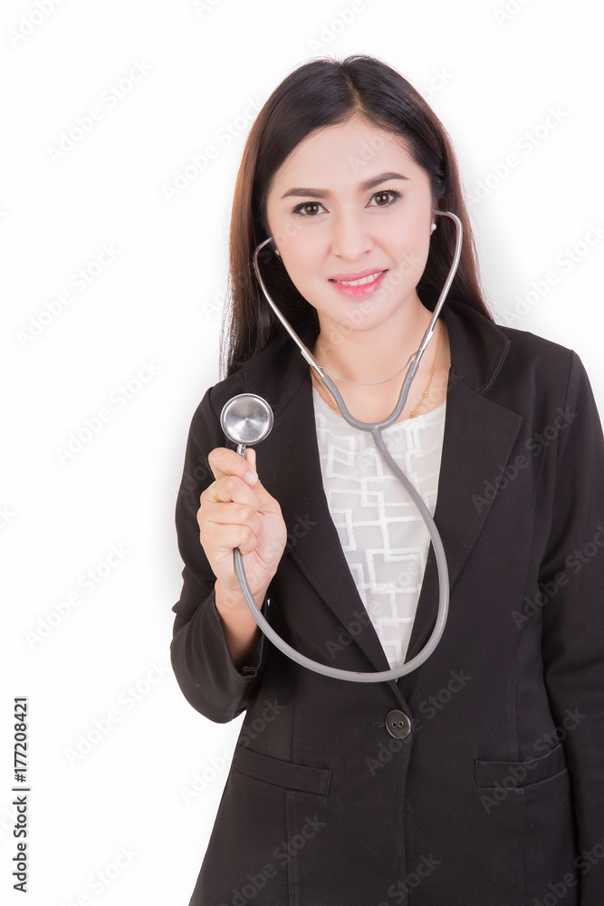 Portrait of asian woman doctor holding stethoscope isolated on white background. Doctor examining a patient with a stethoscope.