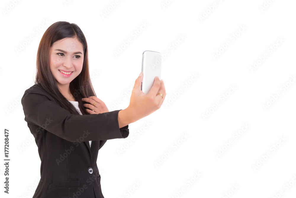 Portrait of asian business women selfie isolated on white background . Free from copy space. Portrait of asian business women selfie isolated on white background . Free from copy space.