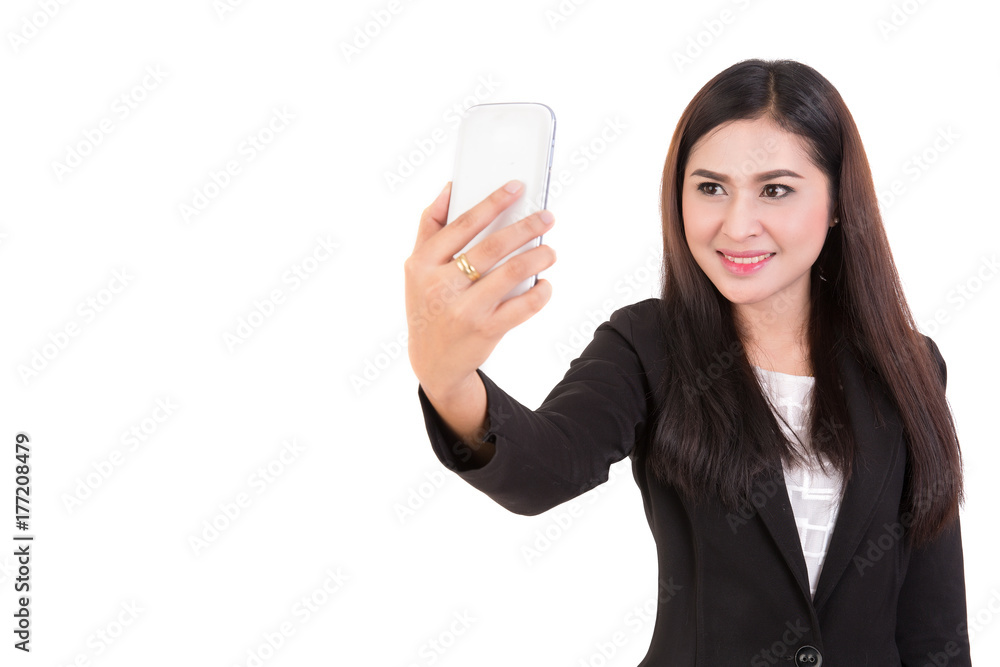 Portrait of asian business women selfie isolated on white background . Free from copy space. Portrait of asian business women selfie isolated on white background . Free from copy space.
