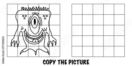 Copy the picture. Crazy alien monster. An educational, fun activity for children to help improve their drawing skills.