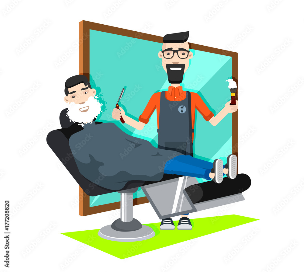 Φωτογραφία the hairdresser handyman works over the client sitting in an armchair, the maste