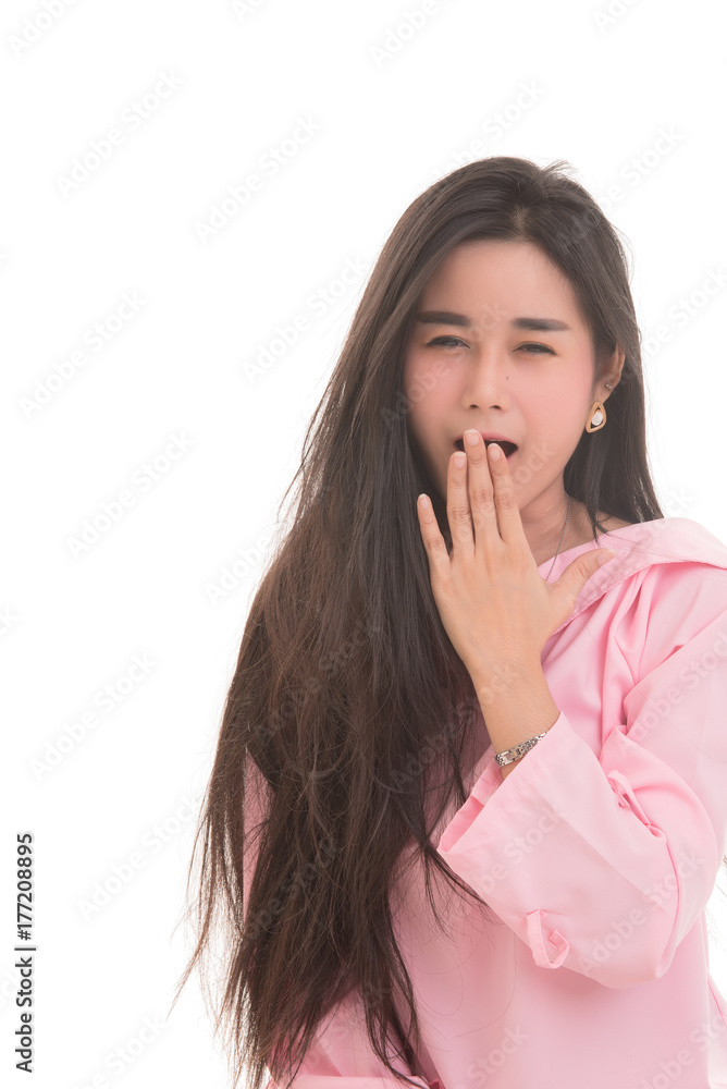 Portrait of asian woman Yawning isolated on white background. Free from copy space. Portrait of asian woman Yawning isolated on white background. Free from copy space.