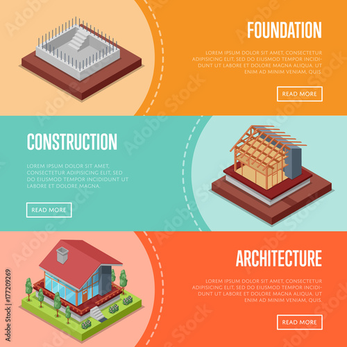Countryside house building posters. Land preparation under building, foundation pouring, construction of walls, roof installation vector illustration. Construction stages of house isometric 3D concept