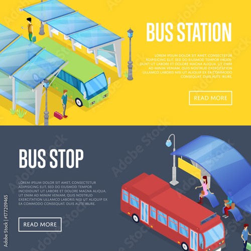 Bus waiting station isometric 3D posters. Urban and countryside traffic concepts with transport stops vector illustration. City public transport, comfortable moving, modern bus passenger platform.