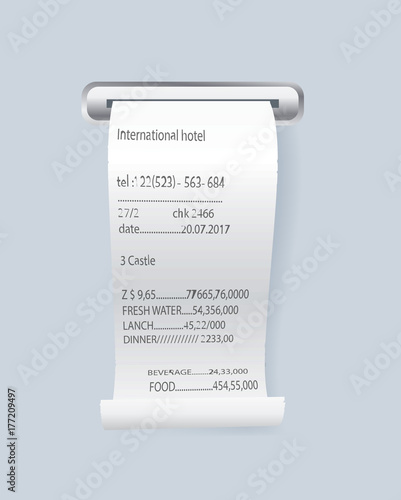 Paper print check vector element. Shop reciept, retail bill isolated object. Realistic financial atm check, receipt records sale of goods or provision of service.