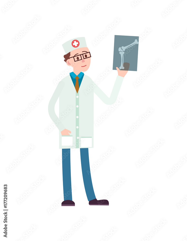 Young doctor with x-ray icon. Medical treatment and healthcare, clinical analysis, treatment of bone fractures vector illustration