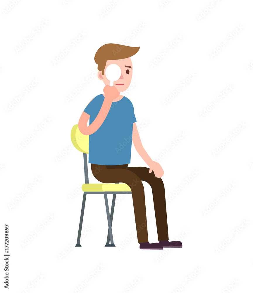 Patient closing one eye with hand and testing vision. Medical treatment and healthcare, clinical analysis, medical examination vector illustration.