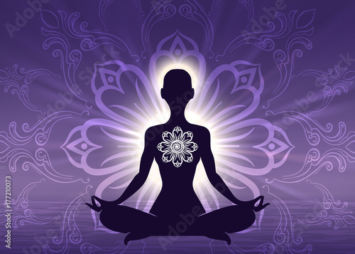 Meditation yoga woman silhouette on sunrise violet background, vector illustration