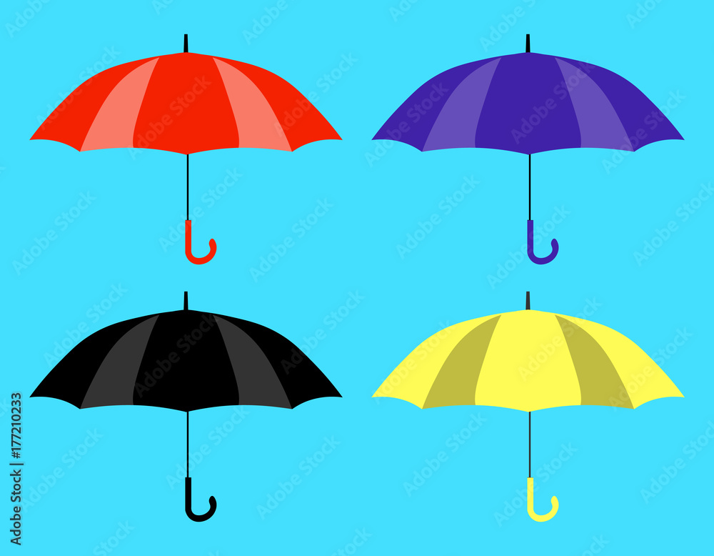 Set of umbrellas icons. Yellow, black, red and purple umbrellas. Flat design Vector Illustration eps