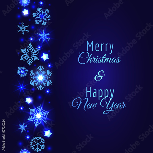 Merry Christmas and Happy New Year greeting card design with blue snowflake, vector illustration
