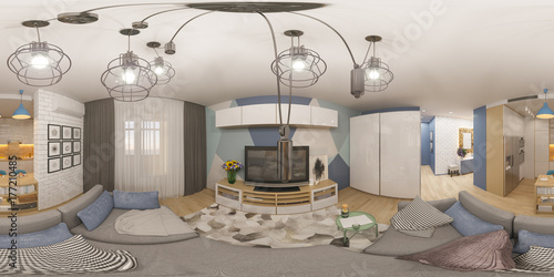 3d illustration spherical 360 degrees, seamless panorama of living room and kitchen interior design. Modern studio apartment in the Scandinavian minimalist style