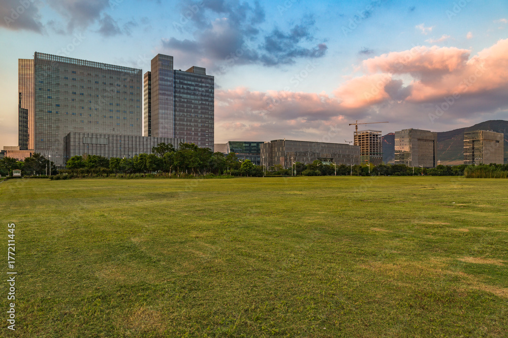 beautiful green meadow near modern office building at dusk