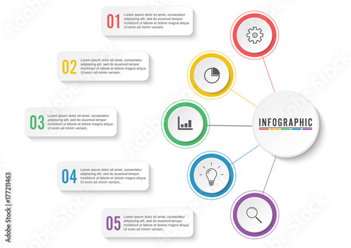 Infographics design vector and marketing icons can be used for workflow layout, diagram, annual report, web design. Business concept with 5 options, steps or processes.