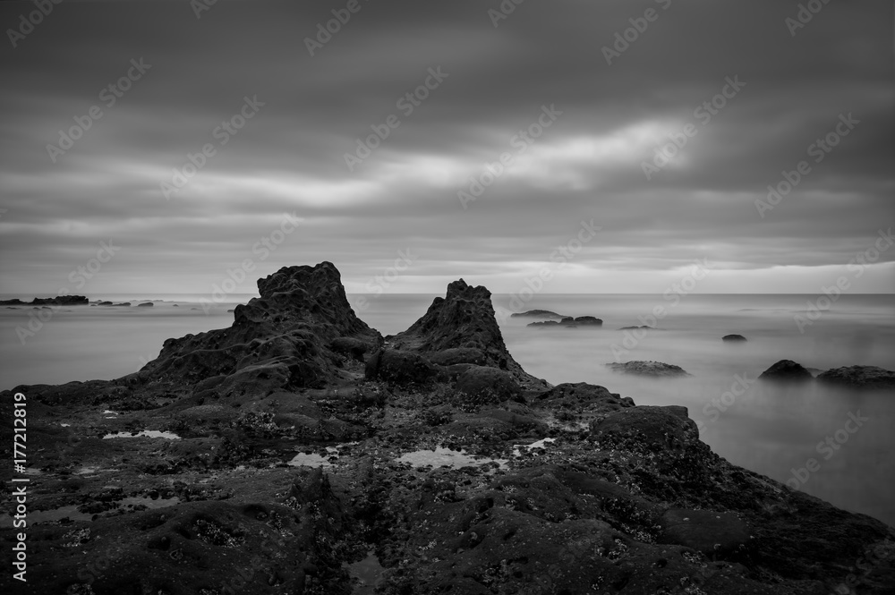 Long exposure of the rocky San Diego, California coastline