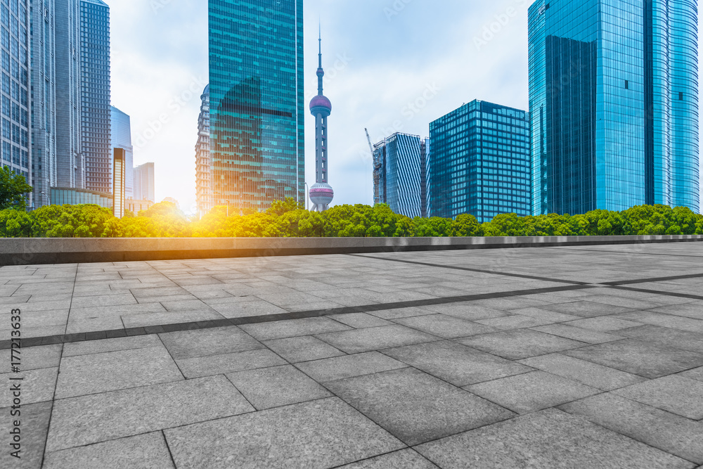 cityscape and skyline of shanghai in blue sky from empty floor.