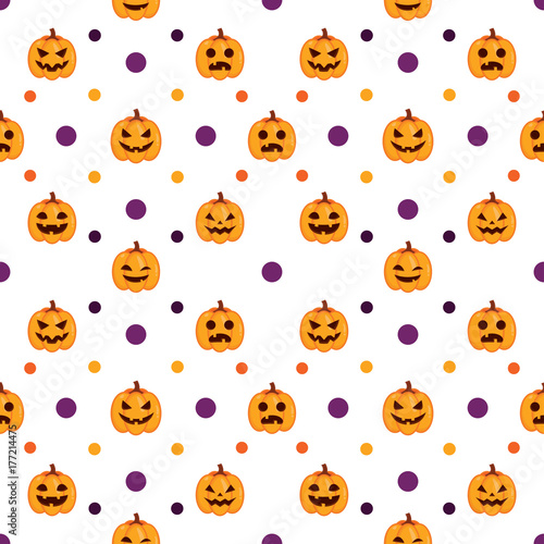 Seamless Halloween Pattern with orange pumpkins on white background