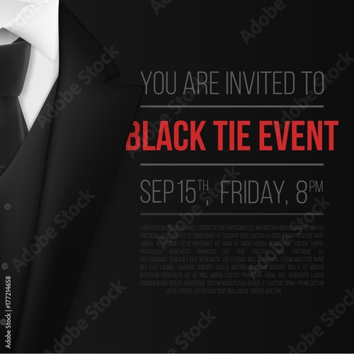 Illustration of Vector Black Suit. Black Tie Event Invitation Template. Realistic Vector 3D Mens Suit with Neck Tie
