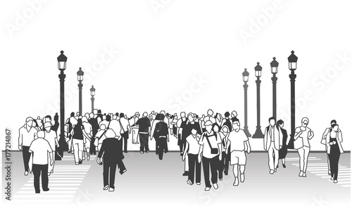 Illustration of people walking on the street and crossing zebra in perspective