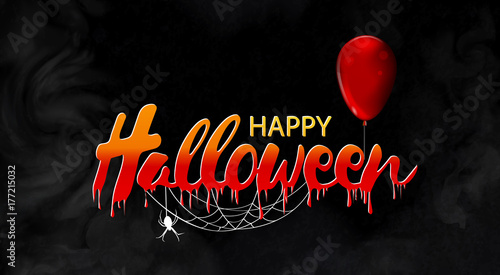 Halloween banner with lettering and red balloon on black background. Horror halloween object concept