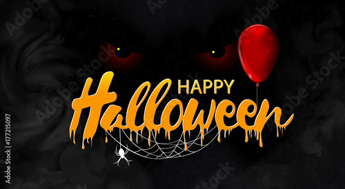 Halloween banner with lettering and red balloon on black background. Horror halloween object concept