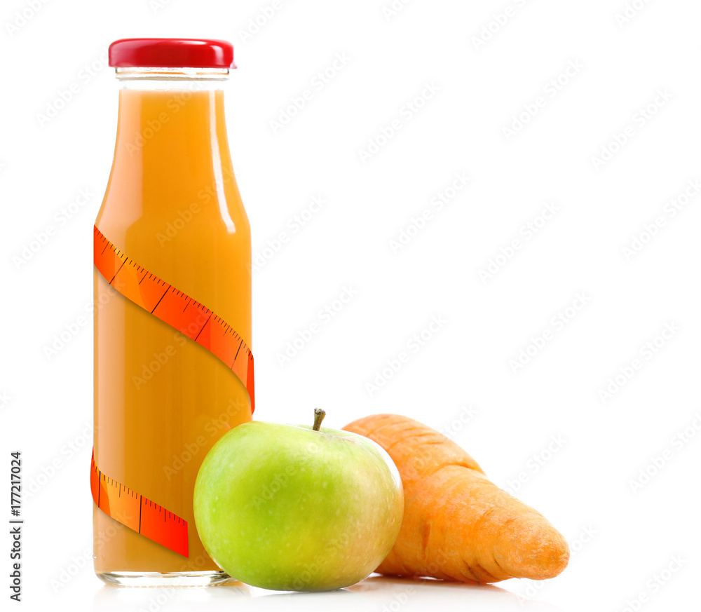 Glass bottle of fresh healthy juice with carrot and apple isolated on white Glass bottle of fresh healthy juice with carrot and apple isolated on white