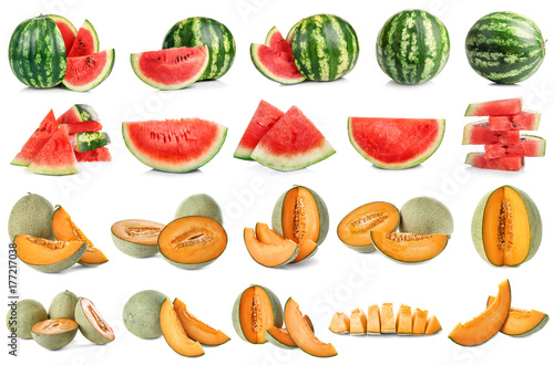 Fototapeta Naklejka Na Ścianę i Meble -  Set of fresh sliced melons and watermelons on white background
