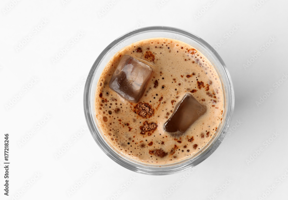 Glass with protein shake on white background