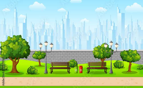 Green city park with town buildings