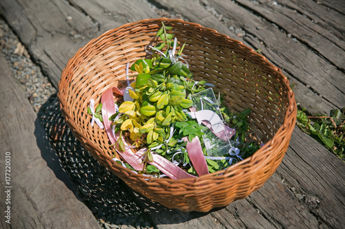 Twigs and colorful ribbons in the basket