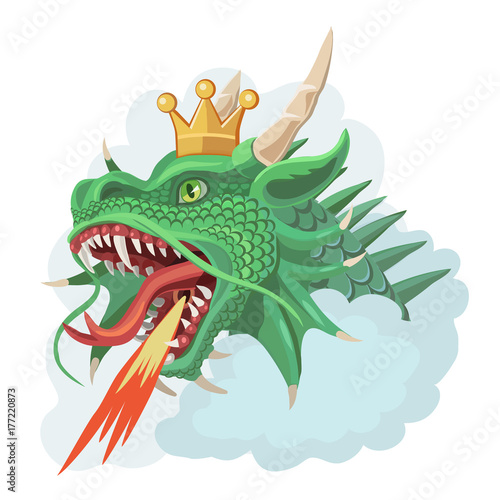 Green dragon with crown shoots fire/ Green dragon with a crown in the clouds, he is protected from enemy fire, under his tongue, he exhales and throws the flame 