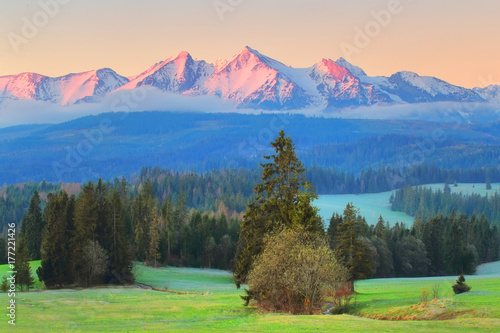 Sunny morning landscape of polish mountains