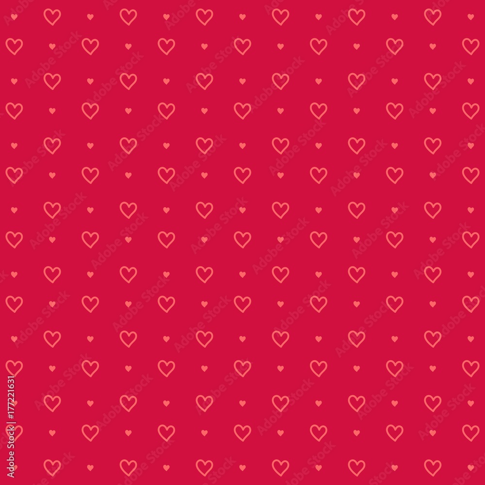 Pink outline vector flat hearts pattern on red background. Valentines day card